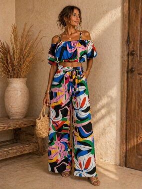 Women's Multicolor Wide-Leg Pant. Two pieces set. Pant - Vibrant Floral Print